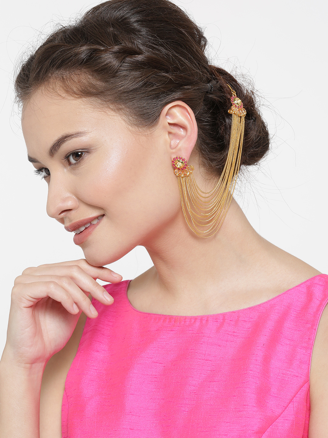 YouBella Gold-Toned  Pink Floral Studs with Ear Chains